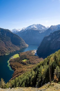 View of the Königssee with St. Bartholomä church, from the Rinnkendlsteig mountain hiking trail,