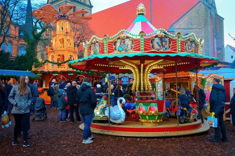 Children's carousel at Christmas market in Flensburg, Schleswig-Holstein, Germany, Europe