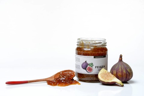 Fig jam in a jar and spoon with fig jam, fresh figs, Ficus carica