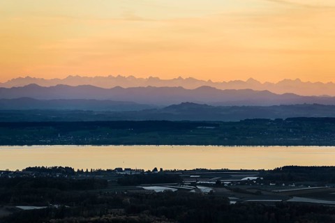 View of Lake Constance and the Swiss Alps from the Gehrenberg, sunset, Markdorf, Lake Constance,