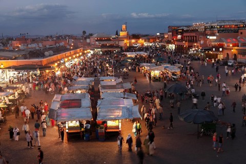 Restaurants on the Djemaa el Fna square in Marrakech, Morocco, Africa
