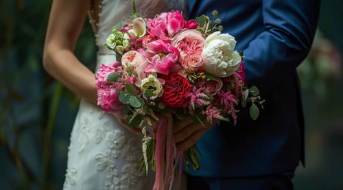 Groom and a bride hold hands together with wedding flower bouquet. Concept of strong love and