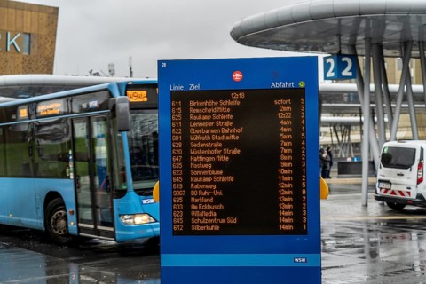 Digital timetable, display board, at the central bus station, WSW buses, at the main railway
