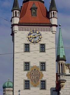 Europe, Germany, Bavaria, Munich, City, Marienplatz, Old Town Hall, Tower and clock tower, View