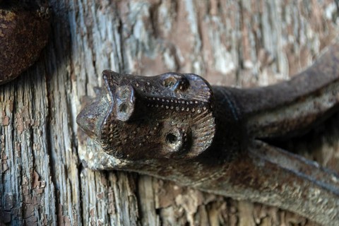 Orcival. Intricate Roman wrought iron hinge displayed at the Basilica Notre-Dame d'Orcival, Puy de