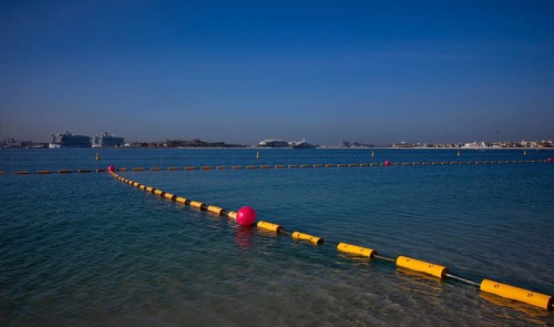 Pontoon floating line to demarcate the swimming area on the beach, Nakheel West Beach, The Palm