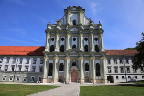 Facade of the Cistercian Abbey Church Fürstenfeld in Fürstenfeldbruck, Upper Bavaria, Bavaria,