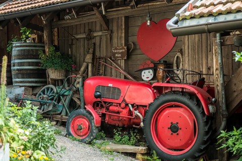 Historic mill and old tractor, Mühlenweg, Ottenhöfen, Ortenau, Black Forest, Baden-Württemberg,