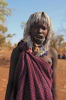 South Ethiopia, in Maco National Park, Mursi tribe, young Mursi woman, plate-lipped woman, woman