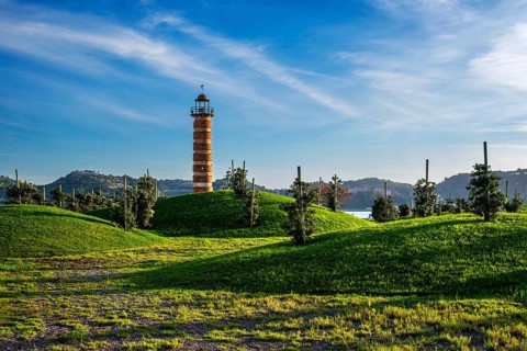 Belem lighthouse on bank of Tagus river on sunset, Lisbon, Portugal, Europe