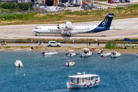 An Olympic ATR 72-600 aircraft with the registration SX-OBM at Skiathos Airport, Greece, Europe