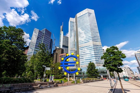 Euro sign symbolising Europe with banks High-rise buildings on Willy-Brandt-Platz in Frankfurt,