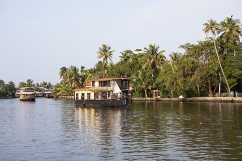 Traditional houseboats on a canal in the canal system of the backwaters, Kerala, India, Asia