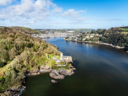 Dartmouth Castle over River Dart from a drone, Dartmouth, Kingswear, Devon, England, United
