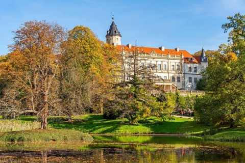 Wiesenburg Castle and Castle Park with pond and colourful leaves in autumn, Wiesenburg Castle Park,