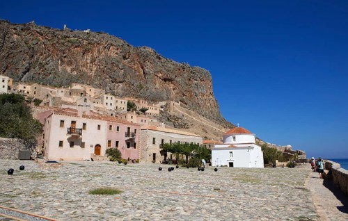 Square in the lower town of the Byzantine castle town of Monemvassia, Monemwassia, Monembasia,