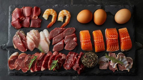 All meat, fish and eggs platter overhead. generative AI, AI generated