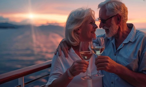 Happy senior romantic couple celebrate onboard of luxury cruise ship with glass of wine at sunset,
