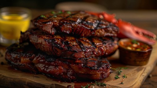 Steak and lobster platter. generative AI, AI generated