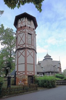 Water tower and Kurmittelhaus, spa hotel, spa garden, Bad Münster am Stein-Ebernburg, Bad