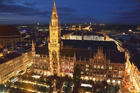 Europe, Germany, Bavaria, Munich, View from St Peter's, Marienplatz, Christmas, New Town Hall,