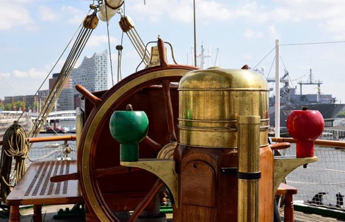 Europe, Germany, Hamburg, Elbe, museum ship, windjammer Rickmer Rickmers, view of steering wheel