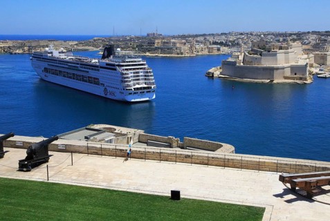 MSC cruise ship in Grand Harbour arriving in Valletta, Malta, Europe
