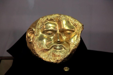 Gold mask of a Thracian king on display in Kazanlak museum, Bulgaria, Europe