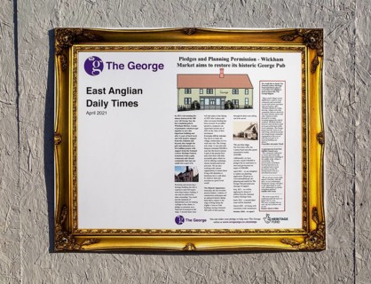 Heritage Fund information about rebuilding the The George pub, Wickham Market, Suffolk, England,