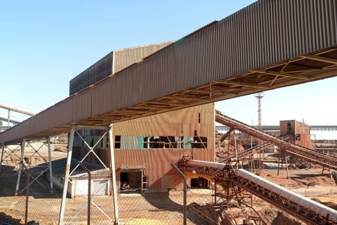 Heavy industry conveyor belts of opencast mineral extraction in the Minas de Riotinto mining area,