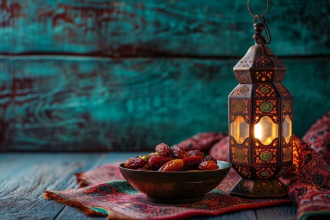Ramadan lantern with a plate of succulent figs, set on an ornate table with intricate designs,