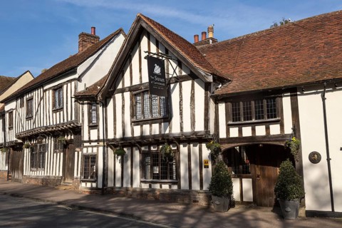 Historic Tudor architecture of the Swan Hotel, Lavenham, Suffolk, England, UK