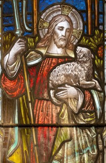 Stained glass window of Jesus Christ the Good Shepherd, Christian Malford church, Wiltshire,