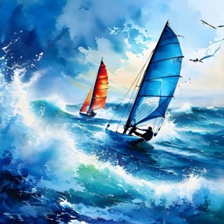 Abstract digital render of olympic sailers morphing into fluid shapes, AI generated, Paris, Paris,
