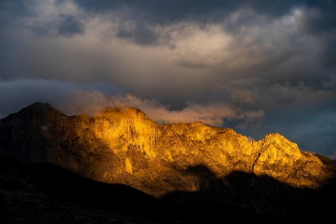 Montafon mountains with dramatic cloudy sky at sunset, Tschagguns, Rätikon, Montafon, Vorarlberg,