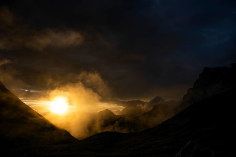 Montafon mountains with dramatic cloudy sky at sunset, Tschagguns, Rätikon, Montafon, Vorarlberg,