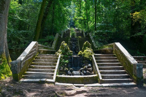 Steintreppe im Wald mit moosbedeckten Geländern und einem kleinen Wasserfall in der Mitte, Quelle