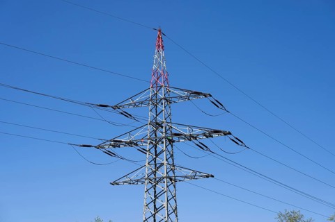 Power pylon on the motorway, Bavaria, Germany, Europe