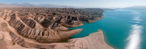 Aerial view, erosion landscape on the Naryn River, Toktogul Reservoir, Kyrgyzstan, Asia