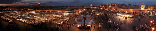 Restaurants in the evening on the Djemaa el Fna square in Marrakech, Morocco, Africa