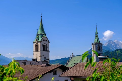 Cemetery tower and tower of the parish church, old town centre, Schwaz, Inntal, Tyrol, Austria,