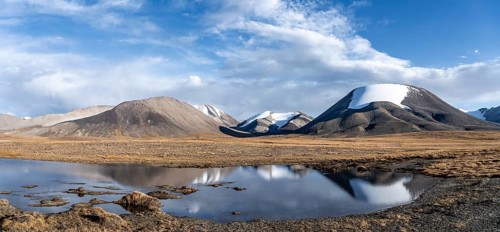 Glaciated mountain peaks reflected in a mountain lake, Kara-Say, Tian Shan, Issyk Kul Province,