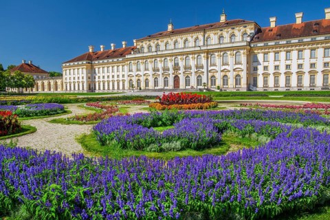 Garden parterre with flowerbeds in front of the New Palace in the Schleissheim Palace complex,