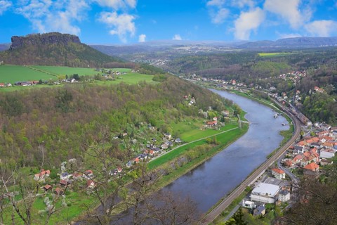 View over the Elbe River from the Konigstein fortress on top of the Elbe sandstone mountains,