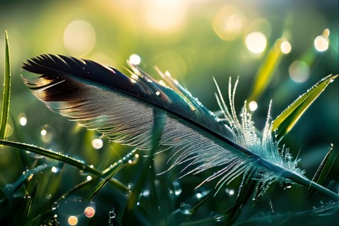 A lone feather resting gently on a dew-covered grassy field, with soft morning light illuminating