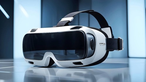 Three dimensional render of virtual reality glasses in a digital room, AI generated