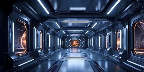 Three dimensional render of futuristic corridor inside a spaceship or space station, AI generated