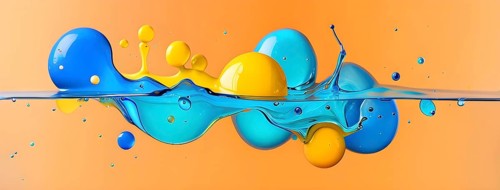 Abstract wallpaper with colorful turquoise and yellow blobs and liquid shapes on a orange