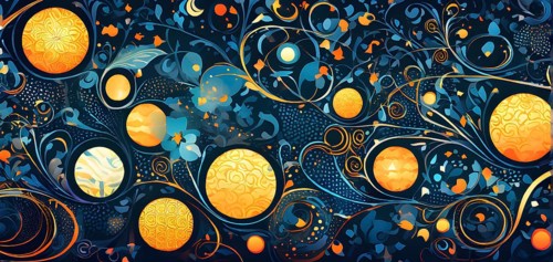 A whimsical abstract pattern with intertwined ribbons, eggs, and floral motifs, with a mix of sharp