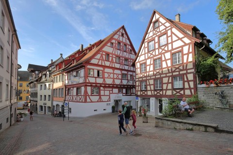 Half-timbered houses and people in the Kirchstraße, Meersburg, Obersee, Lake Constance, Lake
